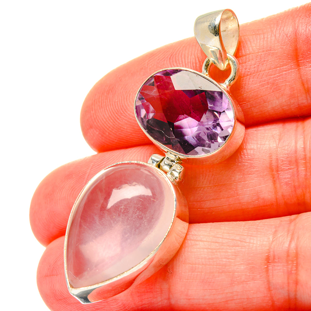 925 sterling silver pendant with round faceted amethyst and teardrop rose quartz