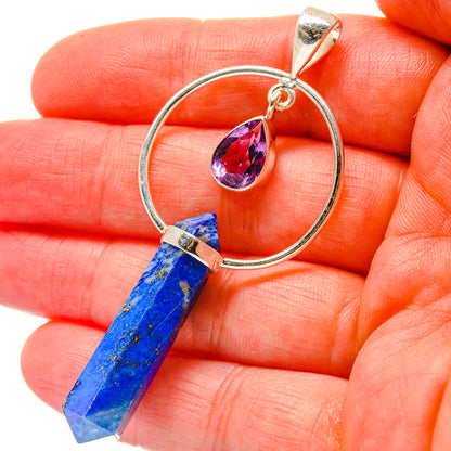Sterling silver pendant with lapis lazuli crystal and amethyst teardrop on ring