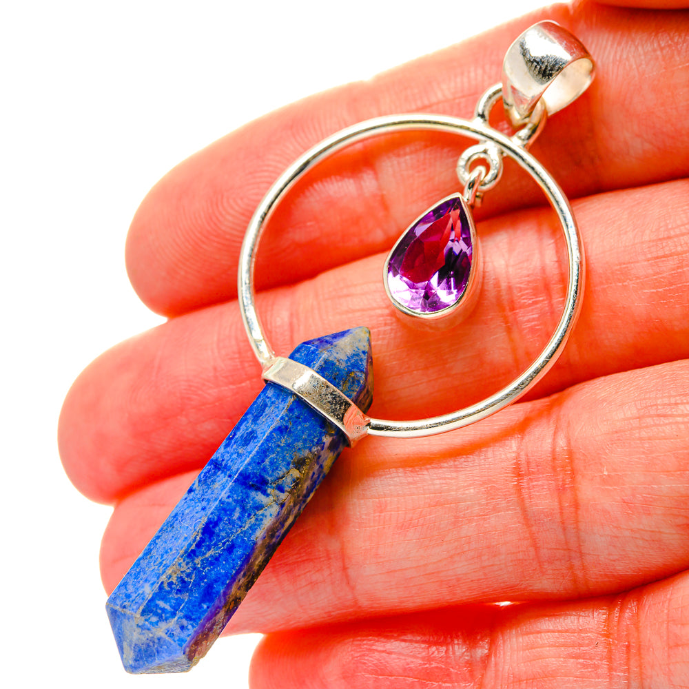 Silver loop pendant with lapis lazuli crystal point and purple amethyst teardrop charm