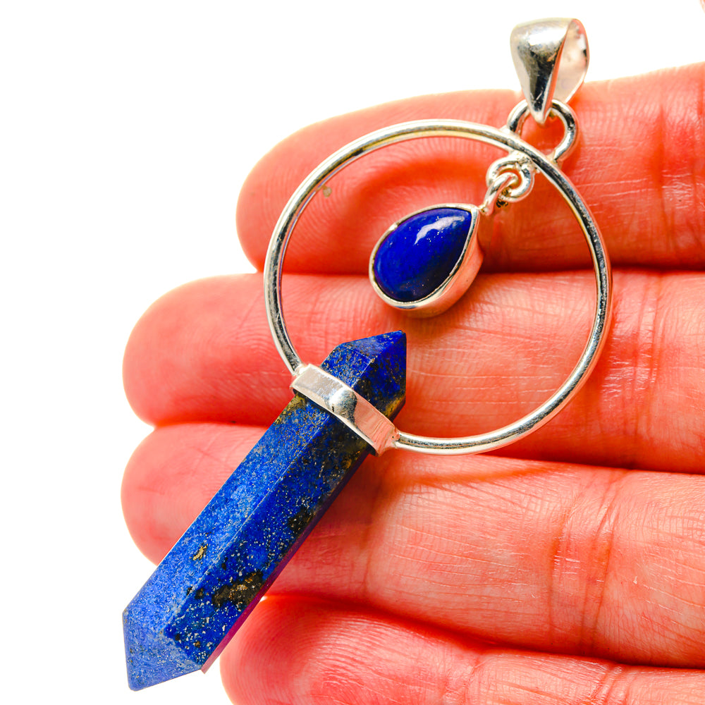 Large lapis lazuli pendant, 925 silver ring setting with blue teardrop and crystal point