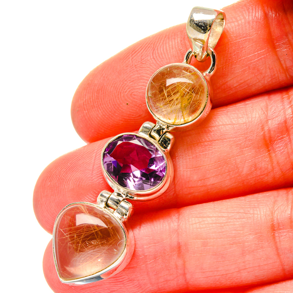 Three-stone pendant with amethyst and rutilated quartz gemstones in 925 silver setting