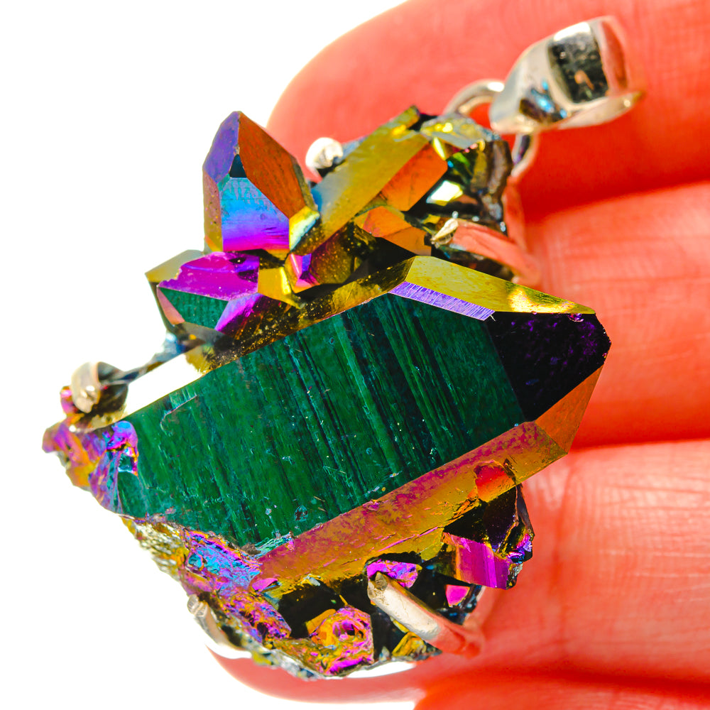 Large sterling silver druzy sunshine pendant with green crystal slice and rainbow facets