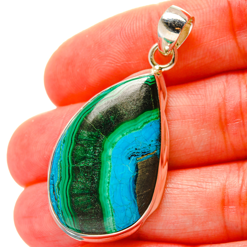 Sterling silver teardrop pendant with green, blue chrysocolla-like stone and loop bail