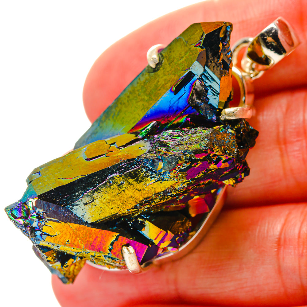 Titanium druzy pendant in rainbow iridescent crystal, set in 925 sterling silver bezel
