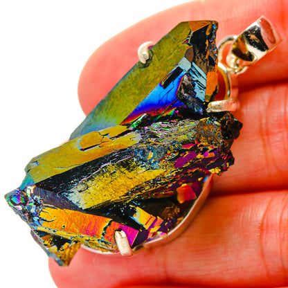 Titanium druzy pendant in rainbow iridescent crystal, set in 925 sterling silver bezel