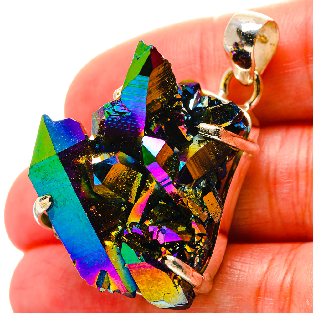 Druzy quartz pendant with rainbow iridescent crystals in 925 sterling silver setting
