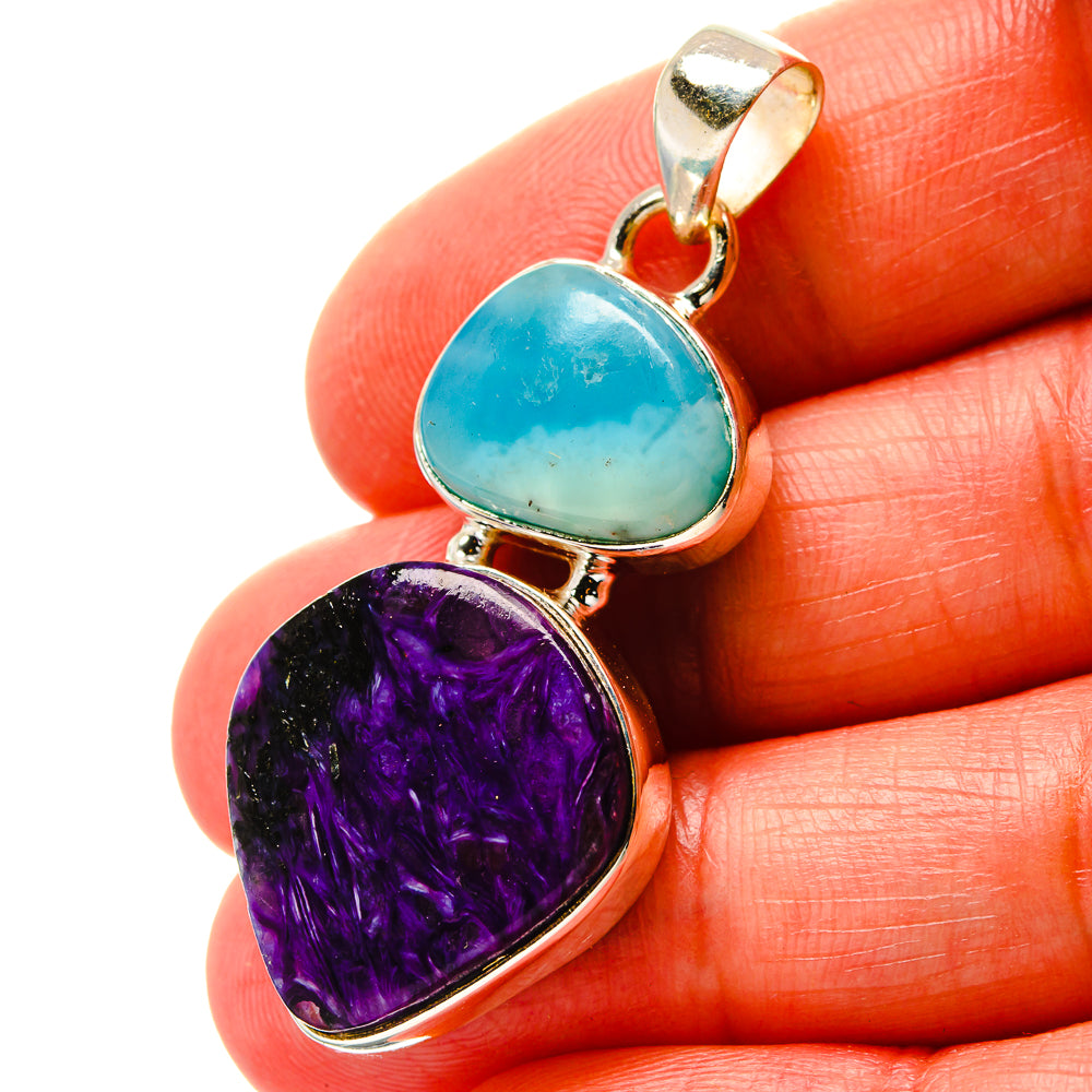 925 sterling silver pendant with turquoise oval and purple teardrop cabochons