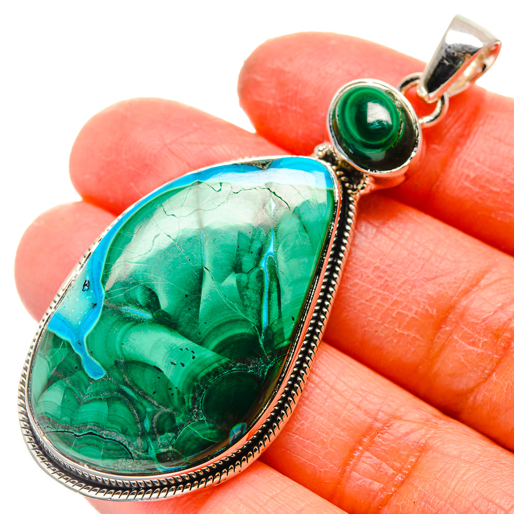 Teardrop malachite chrysocolla pendant in 925 sterling silver with green stone and blue edge