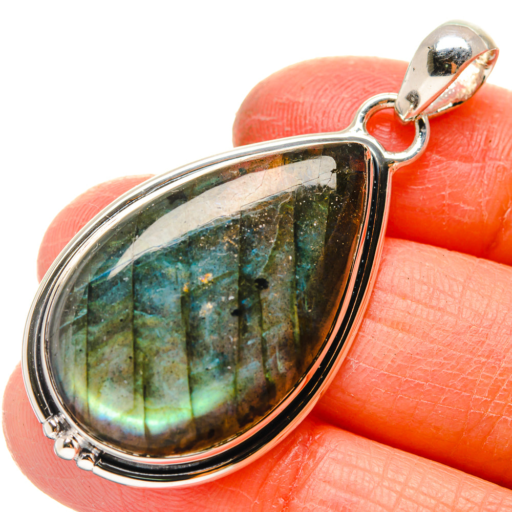 925 sterling silver teardrop labradorite pendant, green-blue iridescent stone in bezel
