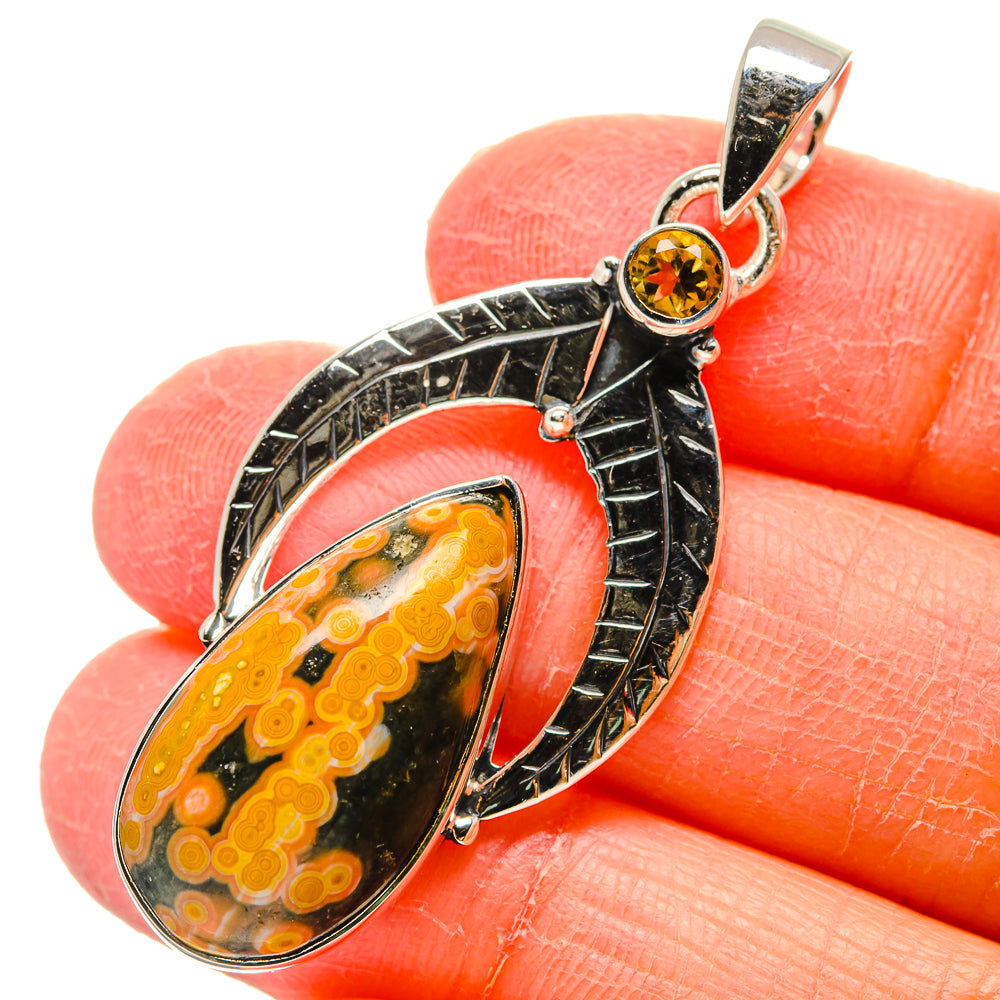 925 sterling silver ocean jasper oval pendant with citrine round top, arched textured design