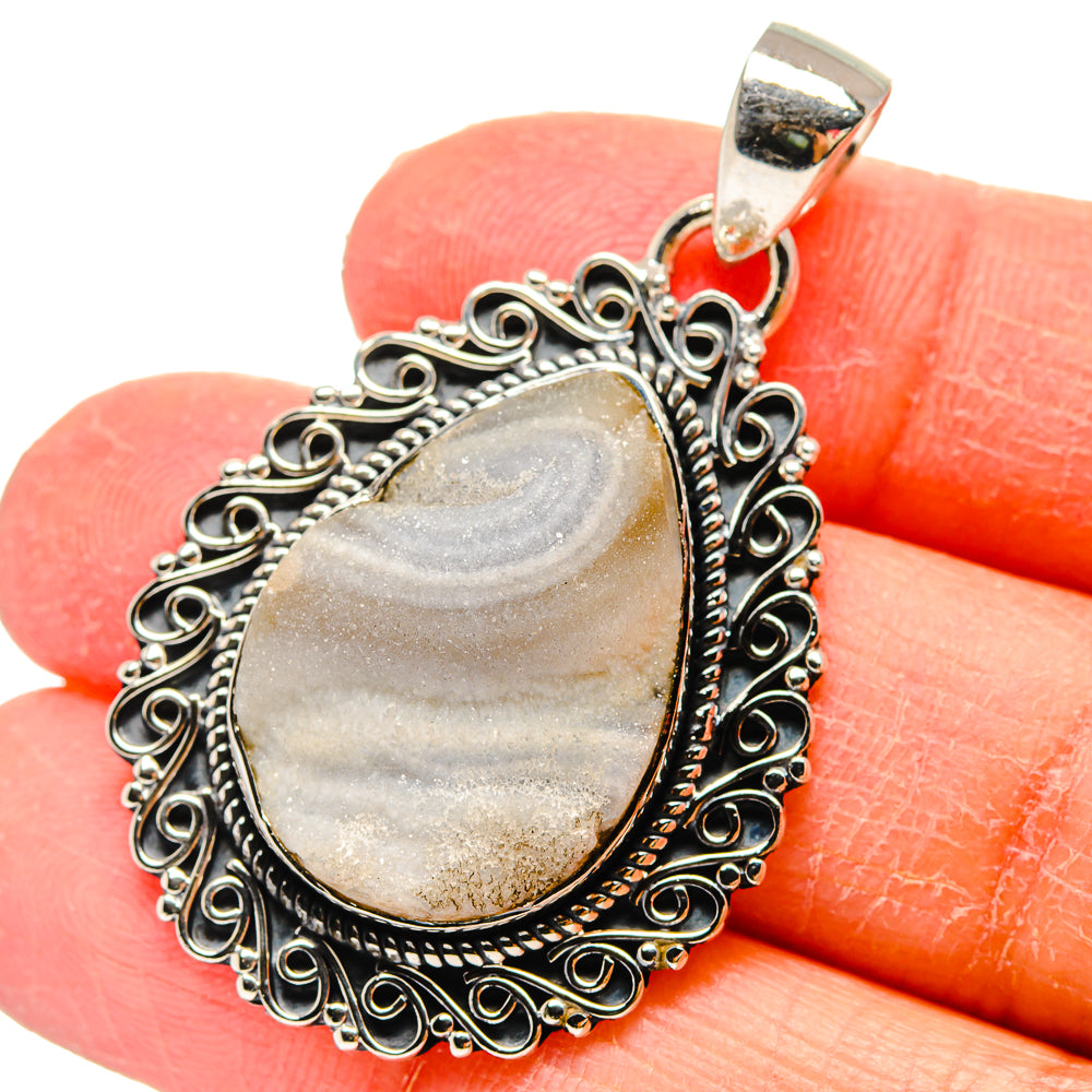 925 sterling silver teardrop druzy pendant with gray sparkling stone and decorative border