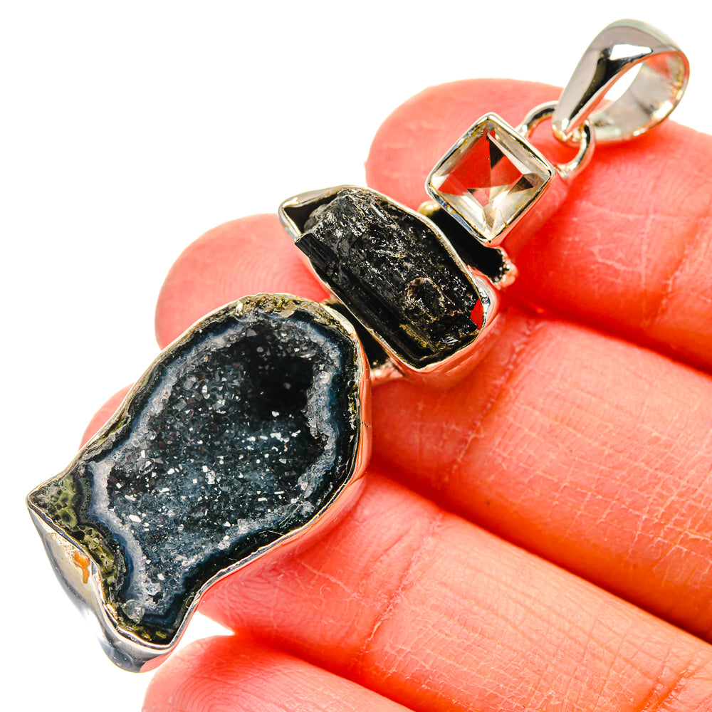 Sterling silver druzy geode pendant with square clear quartz drop, close-up