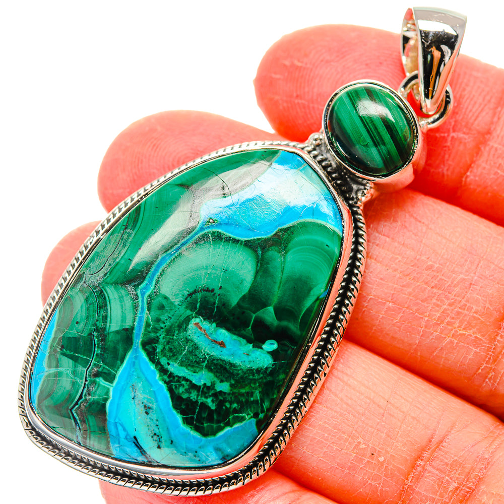 Green malachite cabochon teardrop pendant with blue veining, 925 sterling silver bail