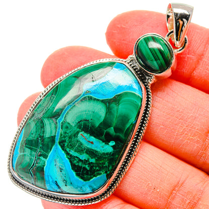 Green malachite cabochon teardrop pendant with blue veining, 925 sterling silver bail