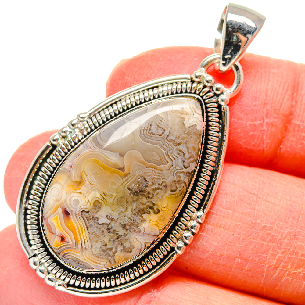 Sterling silver lace agate teardrop pendant with bail, swirl pattern cabochon