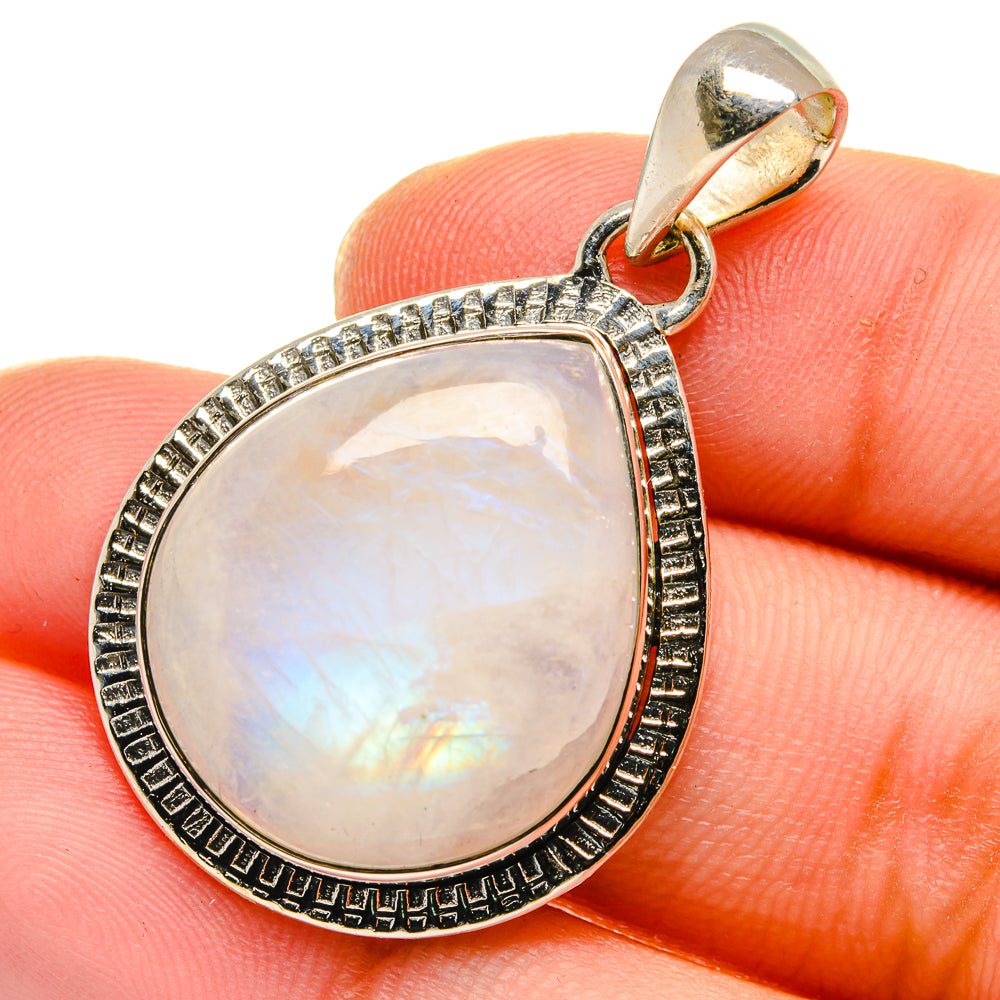 925 sterling silver moonstone teardrop pendant with rainbow shimmer, scalloped bezel