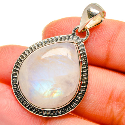 925 sterling silver moonstone teardrop pendant with rainbow shimmer, scalloped bezel