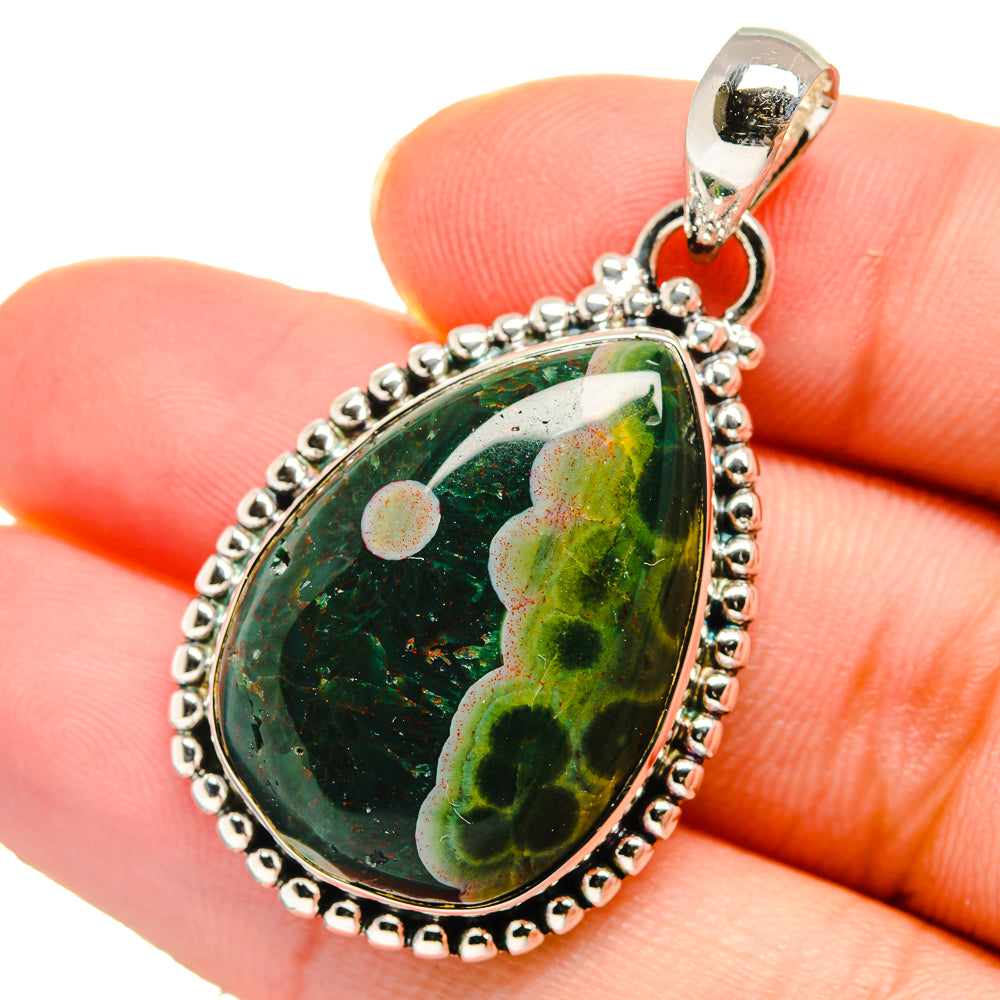 Teardrop ocean jasper pendant with beaded sterling silver frame