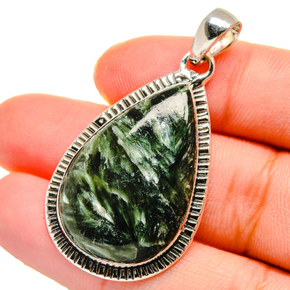 Teardrop green seraphinite pendant, 925 sterling silver bail setting.
