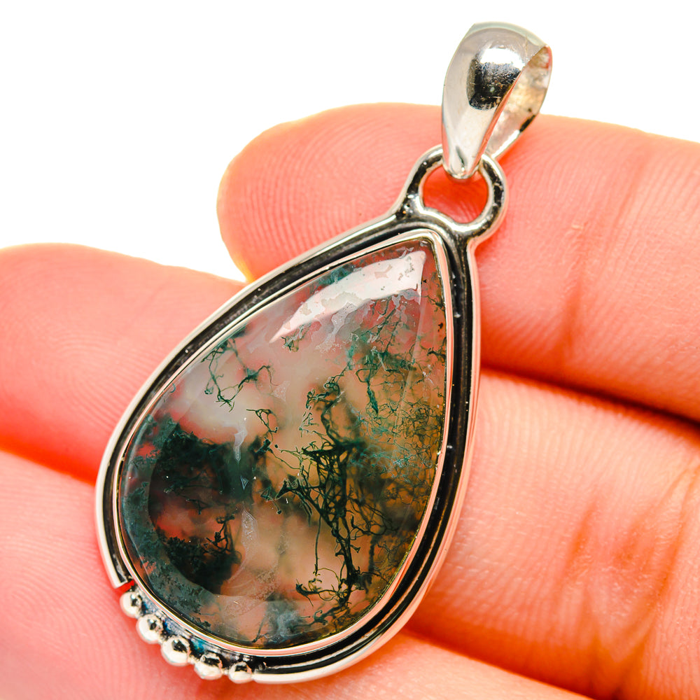Teardrop moss agate pendant in sterling silver with green tree-like veining