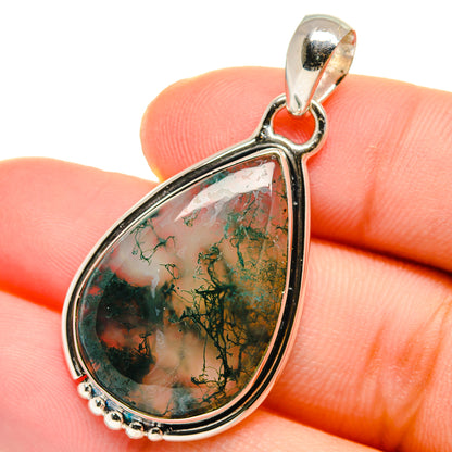 Teardrop moss agate pendant in sterling silver with green tree-like veining