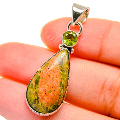 Teardrop unakite gemstone pendant with round peridot in sterling silver settings
