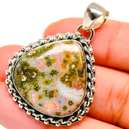 Ocean jasper pendant in 925 sterling silver, oval cabochon with ornate rope-edge frame
