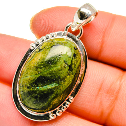 925 sterling silver rainforest jasper oval pendant with beaded edge, close-up.