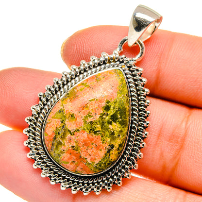 Teardrop unakite pendant in 925 sterling silver, textured bezel with loop bail
