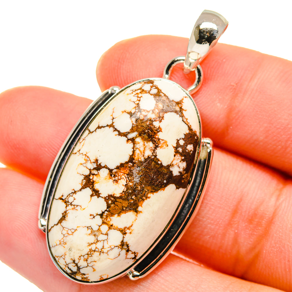 Wild horse jasper oval pendant, 925 silver frame with white stone and brown web pattern