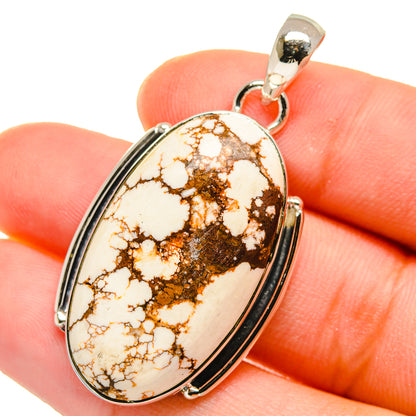 Wild horse jasper oval pendant, 925 silver frame with white stone and brown web pattern