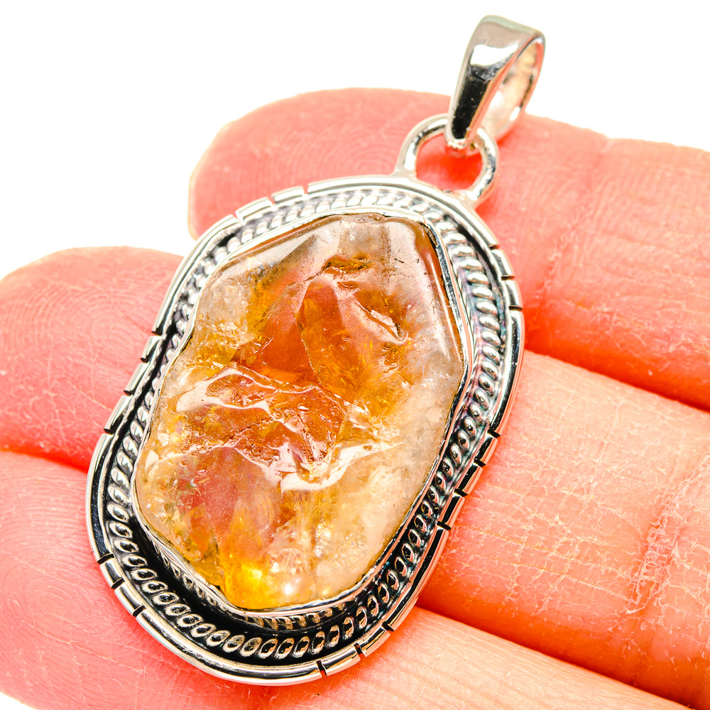 Rough citrine pendant, amber-yellow stone in 925 sterling silver oval frame
