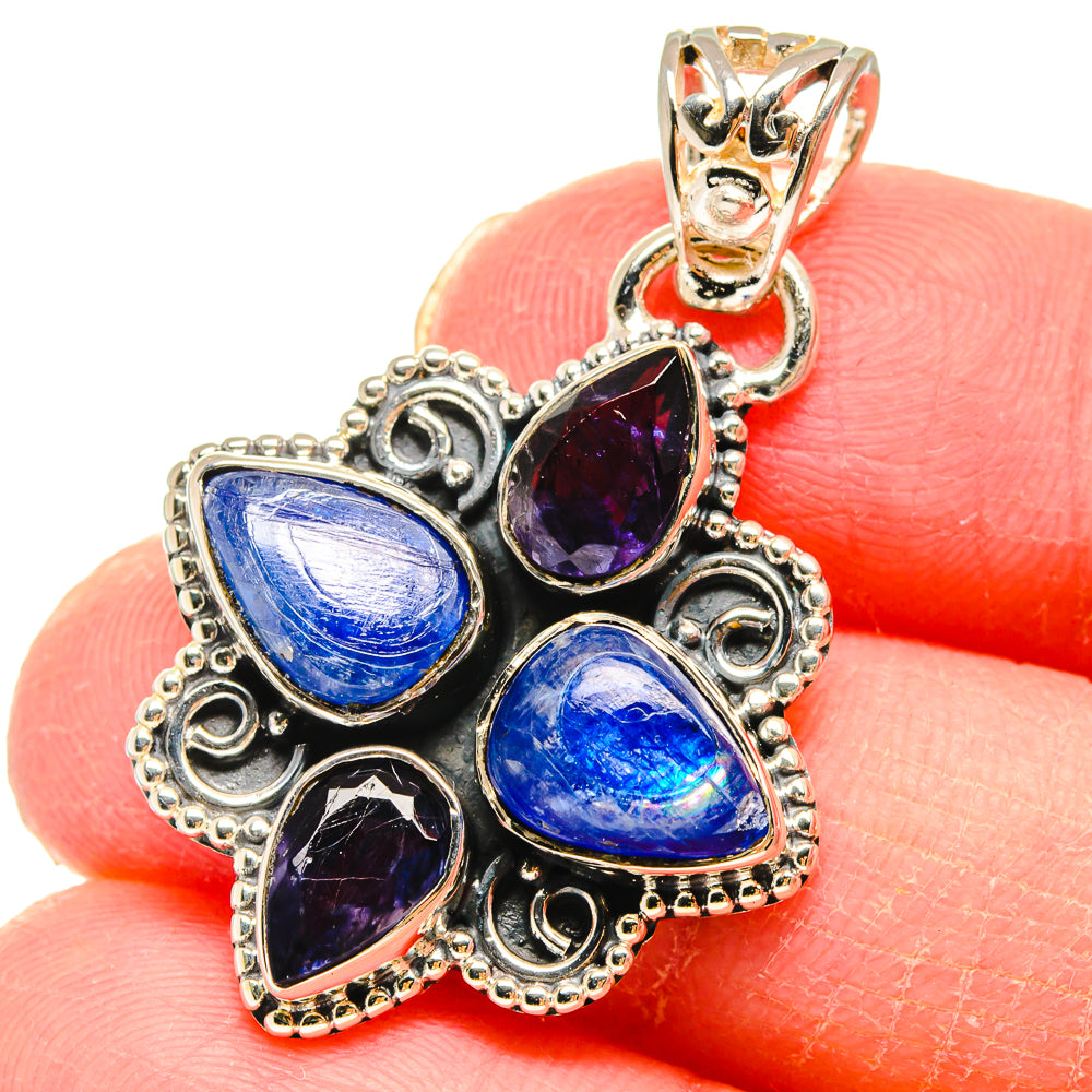 925 silver pendant with blue and purple teardrop gemstones, ornate filigree bail