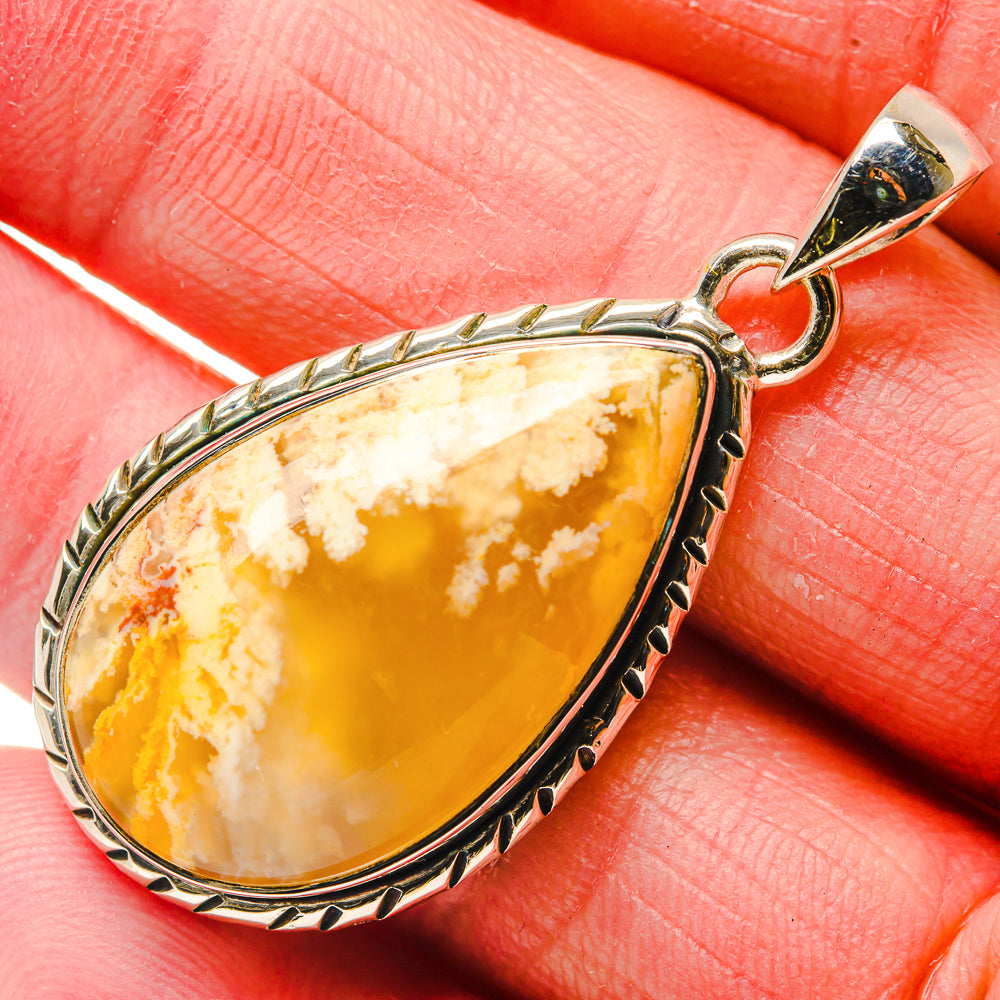 Plume agate pendant teardrop in 925 sterling silver with etched border and bail