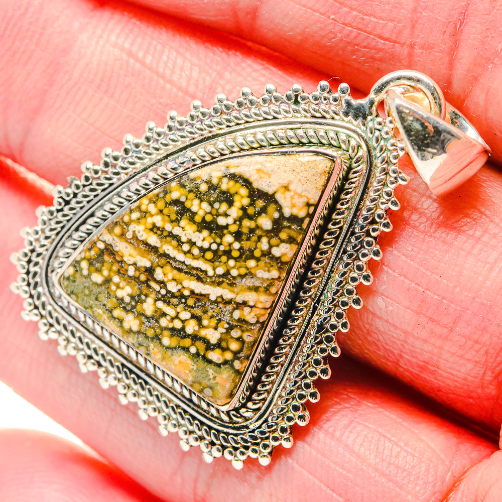 925 sterling silver ocean jasper pendant, triangular cabochon with yellow-green speckle pattern
