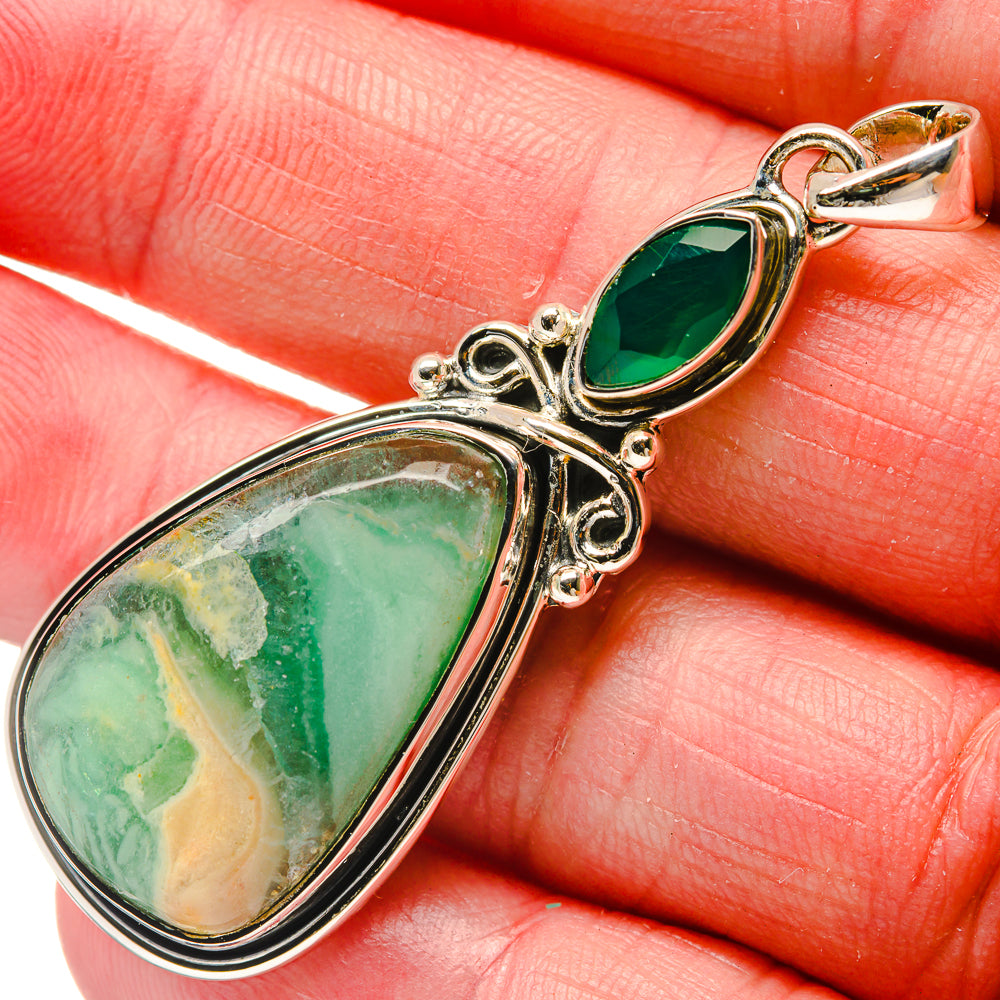 Green onyx and opal oval pendant in 925 sterling silver setting
