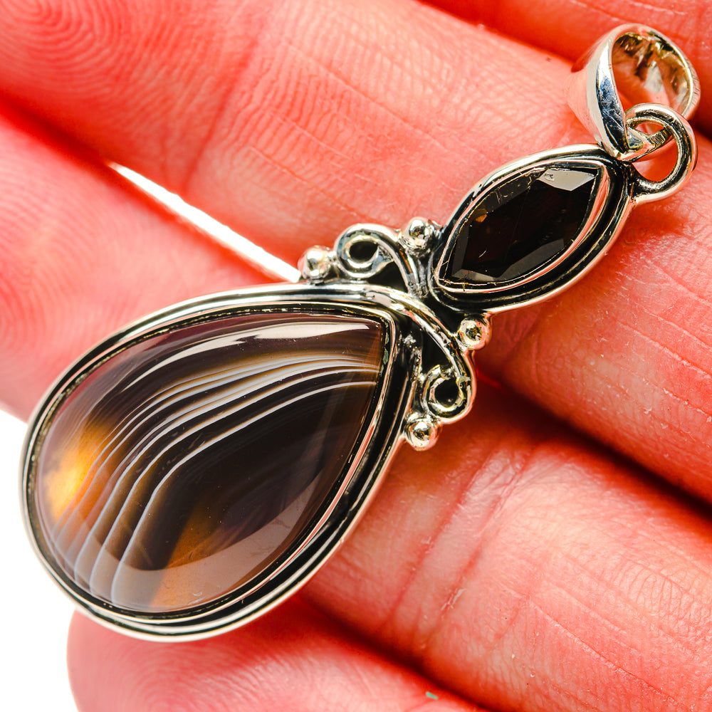Smoky quartz and agate teardrop pendant in 925 sterling silver setting