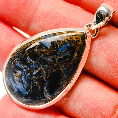 Sterling silver pietersite teardrop pendant with blue-gold stone and bail