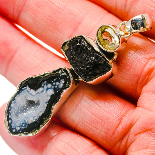 Coconut Geode Druzy, Black Tourmaline, White Quartz Pendants handcrafted by Ana Silver Co - PD18298