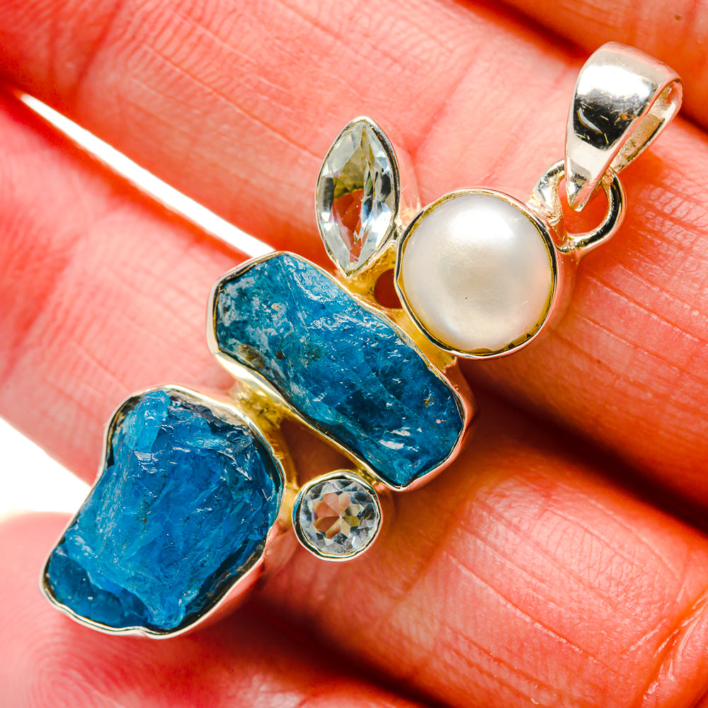 Apatite, Blue Topaz, Cultured Pearl Pendants handcrafted by Ana Silver Co - PD18307