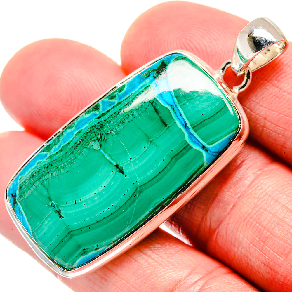 Rectangular teal malachite chrysocolla pendant in silver bezel with bail