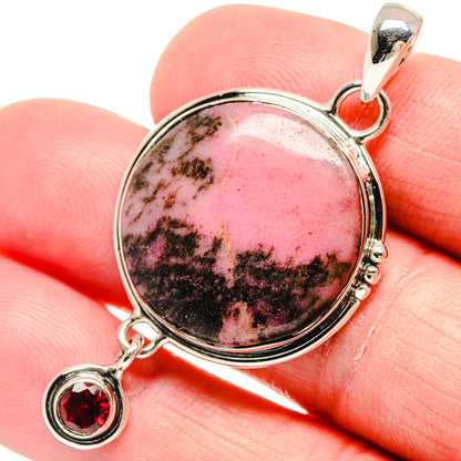 Sterling silver rhodonite pendant with oval pink stone and round red garnet drops