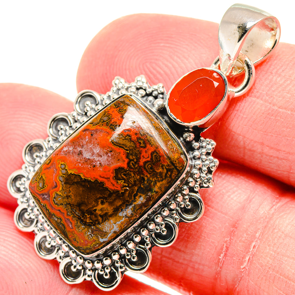 Sterling silver pendant with square marbled agate and orange round cabochon, filigree bezel