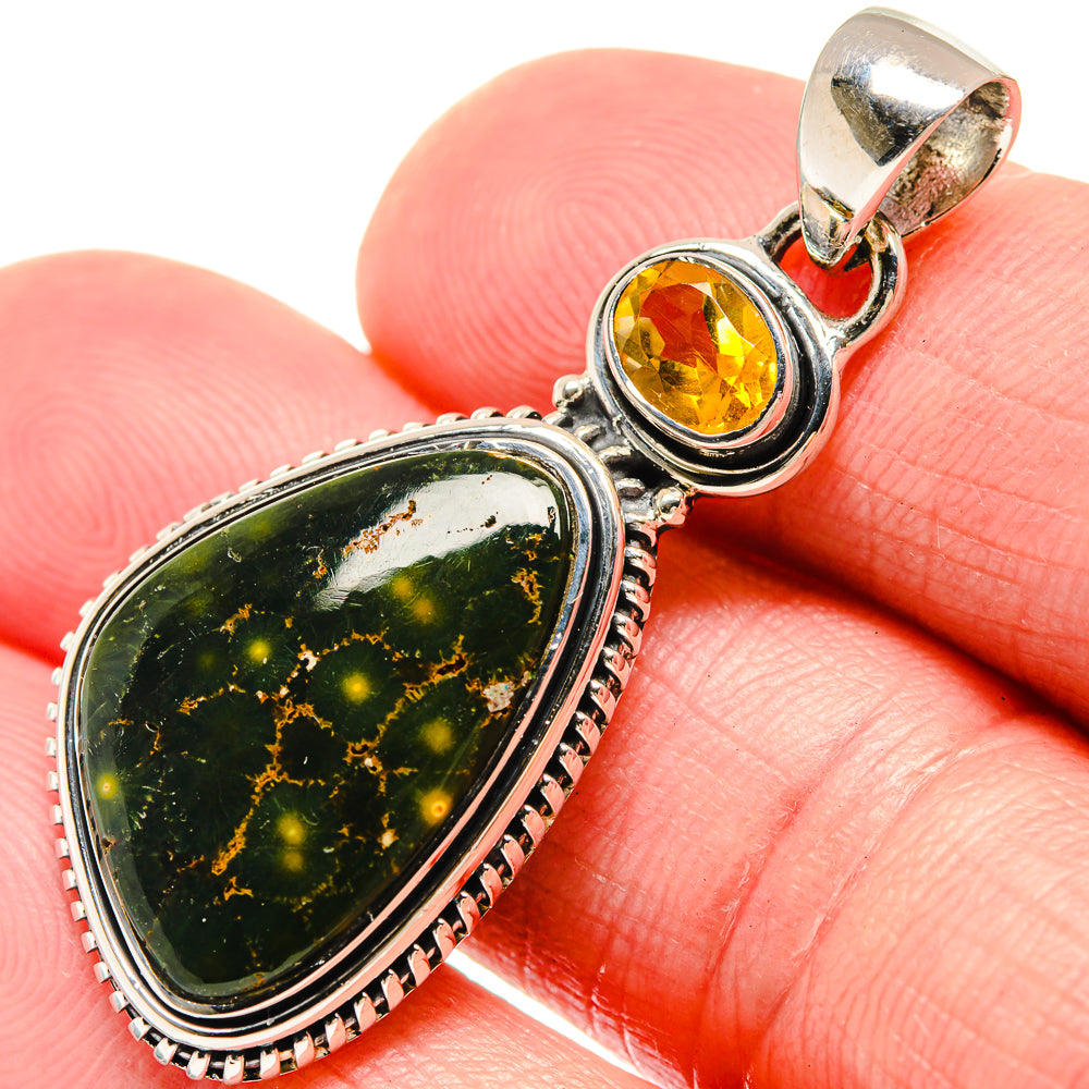 Ocean jasper and citrine pendant, oval green stone with yellow citrine in silver frame