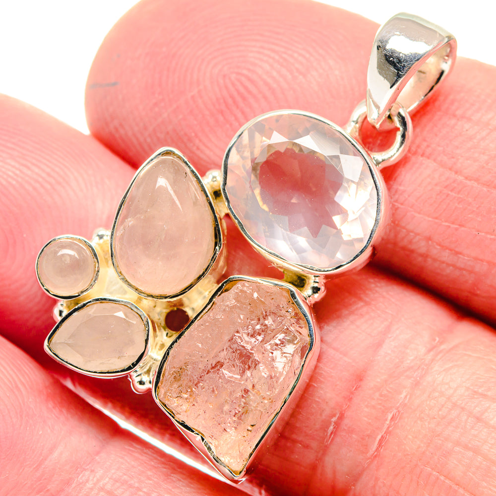 Rose quartz pendant with rough oval and teardrop stones in silver with top bail