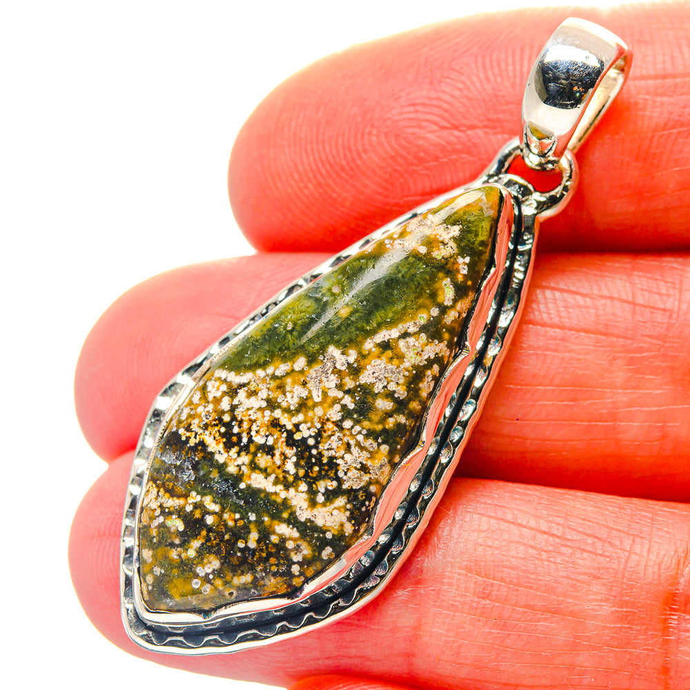 Ocean jasper teardrop pendant, green and gold speckled, 925 sterling silver setting