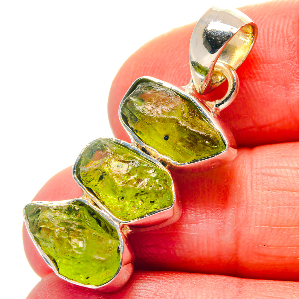 Rough peridot pendant in 925 sterling silver, three green stone drops with bail