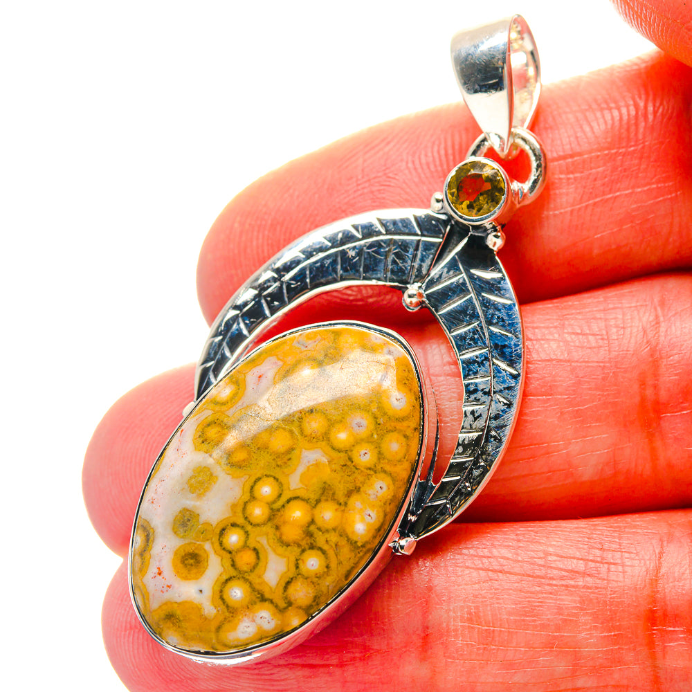 925 sterling silver ocean jasper oval pendant with blue bezel and citrine accent