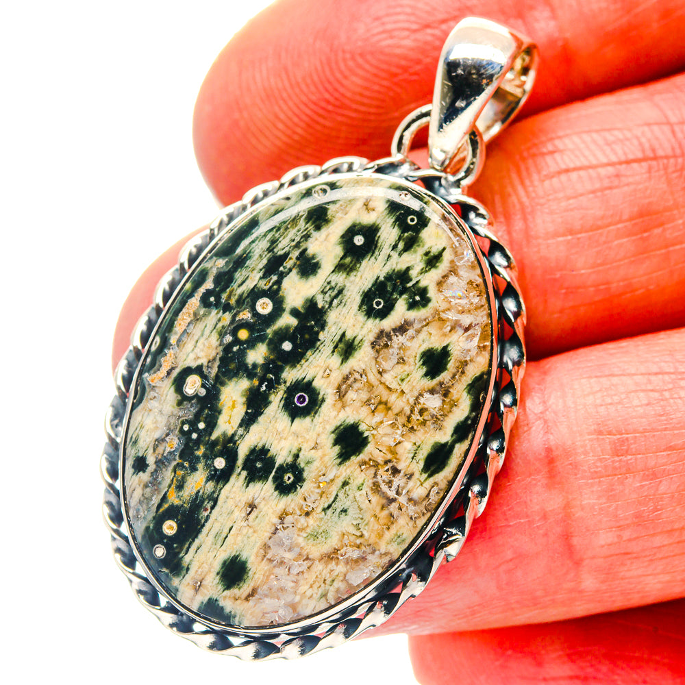 Ocean jasper pendant in oval 925 sterling silver bezel, green speckled stone.