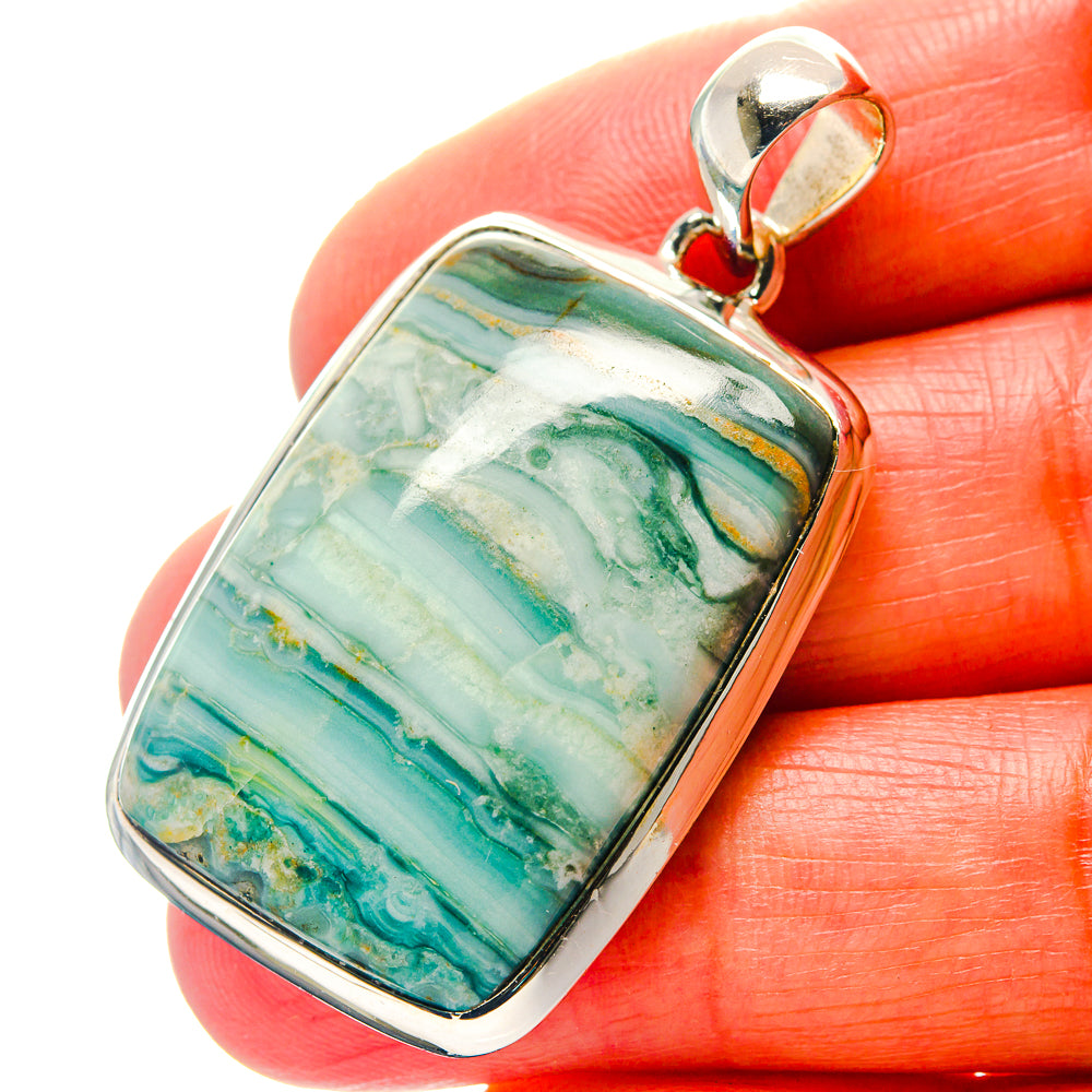 Ocean jasper pendant in 925 sterling silver, rectangular stone with teal and cream bands